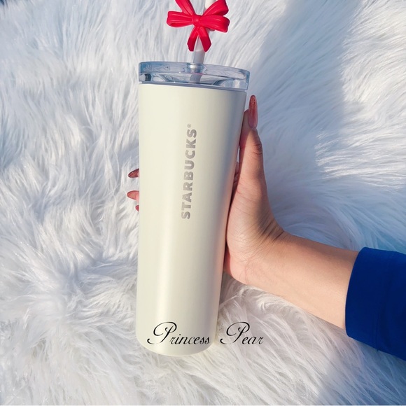 NWT❤️Starbucks 2025 Holiday Winter White SS Cold Cup Tumbler with Red Bow Topper - Picture 3 of 3
